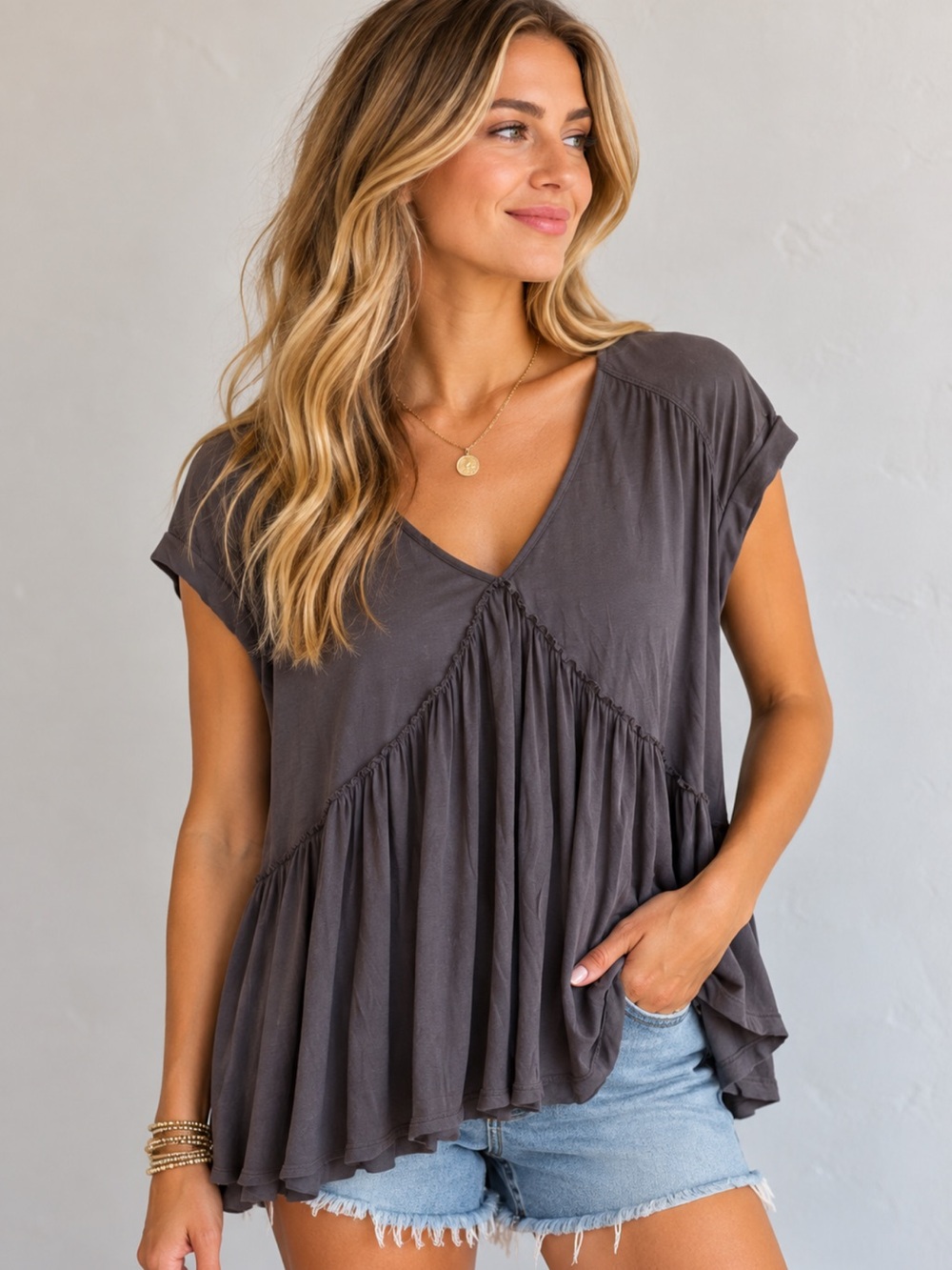 BOHME Wishlist Charcoal Grey Lightweight Short Sleeved Babydoll Top